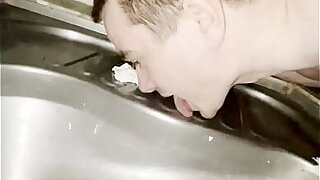 Blissful boy licking bring in strand toilet